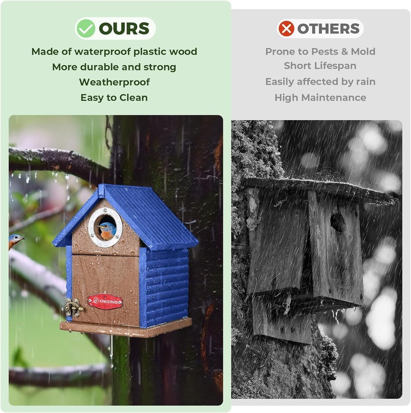 Kingsyard Recycled Plastic Bird House for Outdoors - Weatherproof Nesting Box with Clear View Panel & Predator Guard for Bluebird Wren Swallow Finch, Blue - Image 5